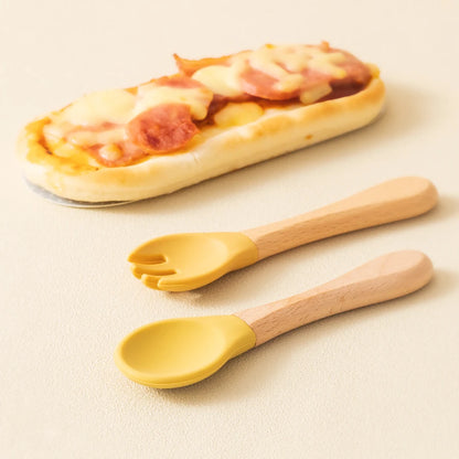 Juego de 2 Piezas de Cuchara y Tenedor de Silicona para Bebé con Mango de Madera