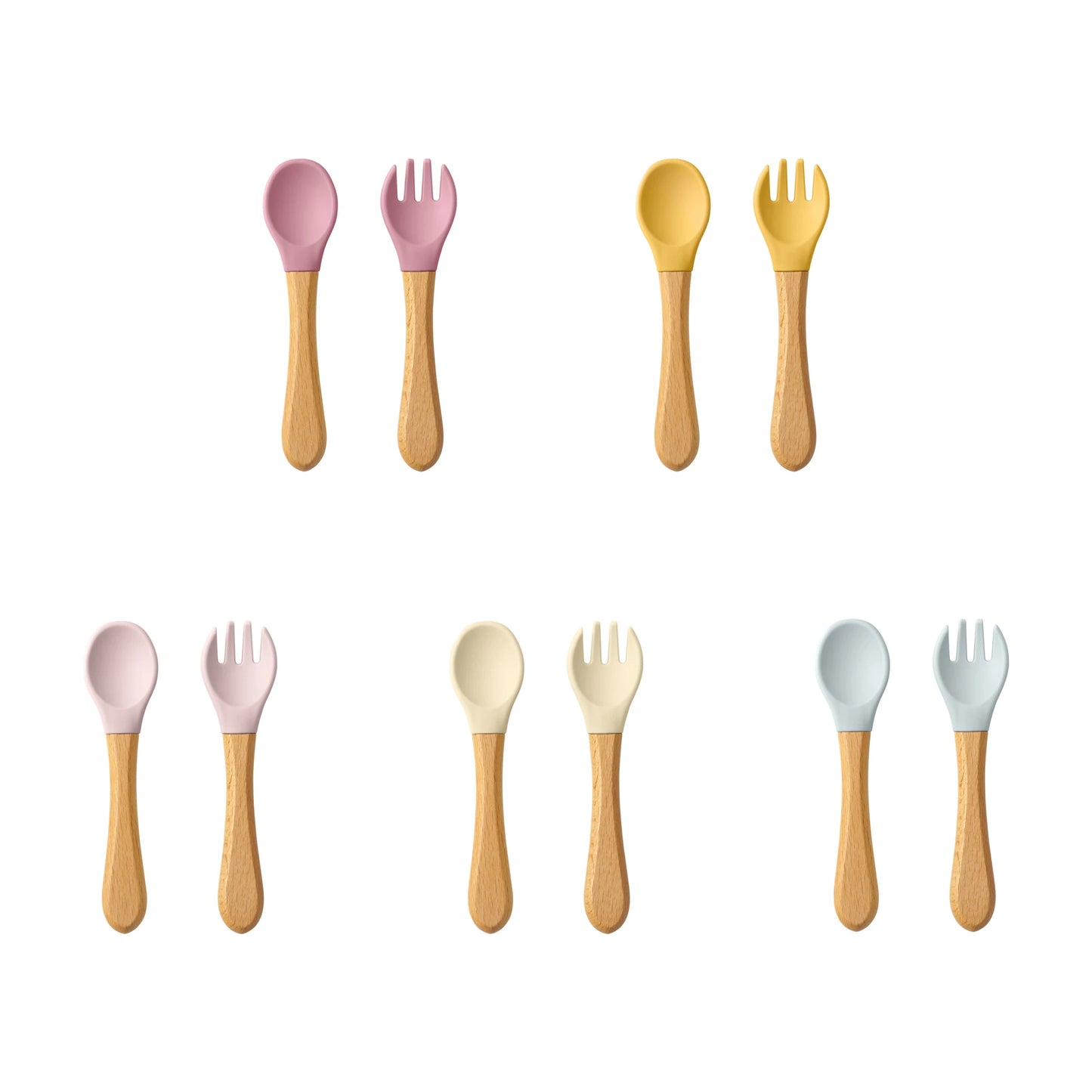 Juego de 2 Piezas de Cuchara y Tenedor de Silicona para Bebé con Mango de Madera