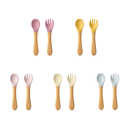 Juego de 2 Piezas de Cuchara y Tenedor de Silicona para Bebé con Mango de Madera
