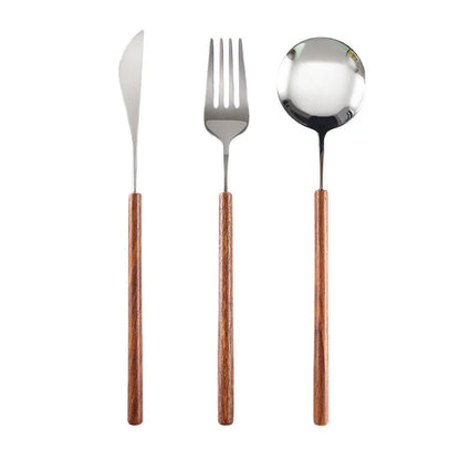 Cuchillo para Bistec, Tenedor y Cuchara de Acero Inoxidable 304 con Mango de Madera de Rosa