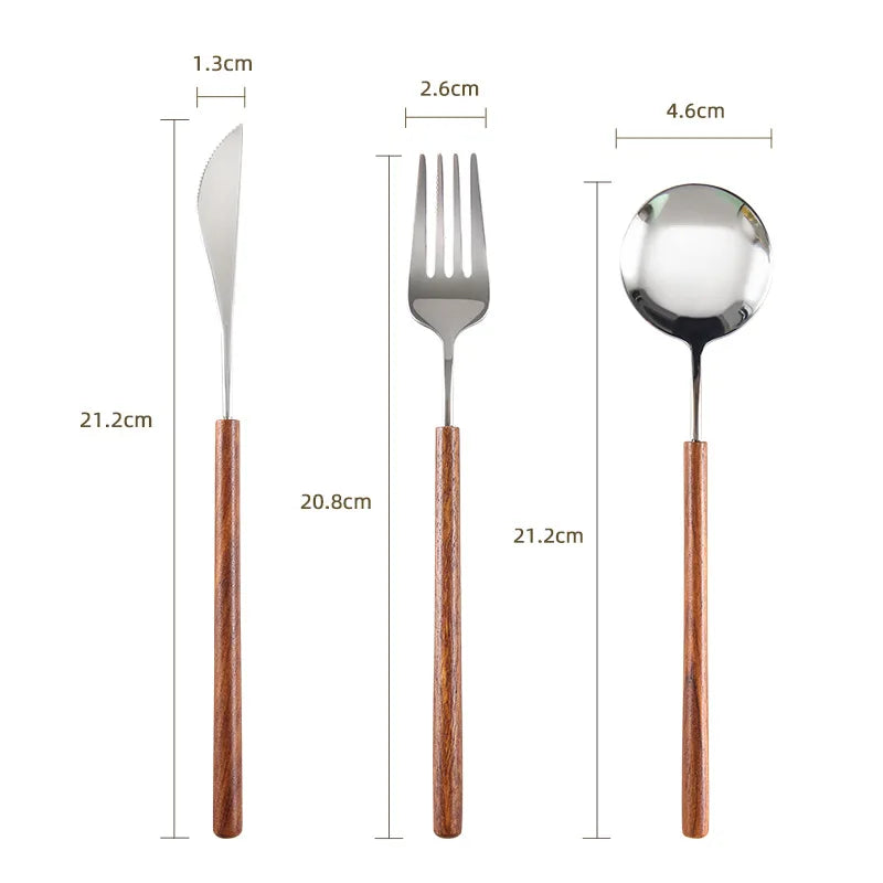 Cuchillo para Bistec, Tenedor y Cuchara de Acero Inoxidable 304 con Mango de Madera de Rosa