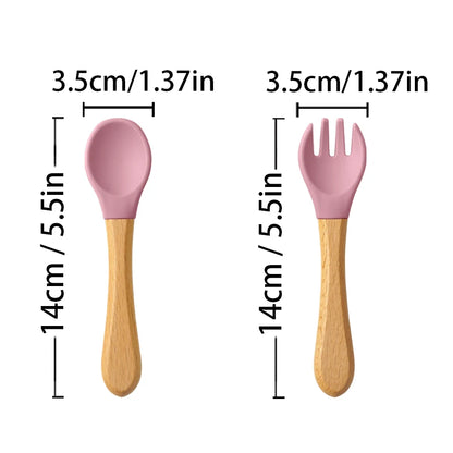 Juego de 2 Piezas de Cuchara y Tenedor de Silicona para Bebé con Mango de Madera