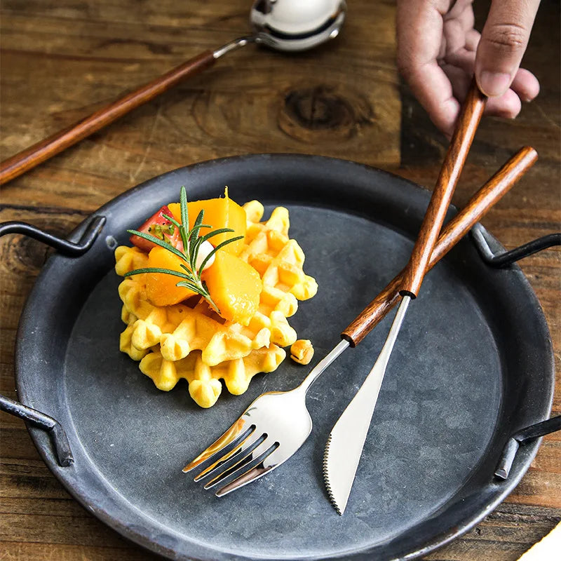 Cuchillo para Bistec, Tenedor y Cuchara de Acero Inoxidable 304 con Mango de Madera de Rosa