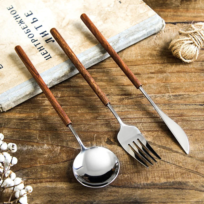 Cuchillo para Bistec, Tenedor y Cuchara de Acero Inoxidable 304 con Mango de Madera de Rosa