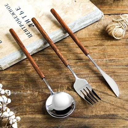 Cuchillo para Bistec, Tenedor y Cuchara de Acero Inoxidable 304 con Mango de Madera de Rosa