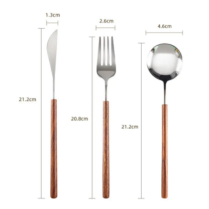 Cuchillo para Bistec, Tenedor y Cuchara de Acero Inoxidable 304 con Mango de Madera de Rosa