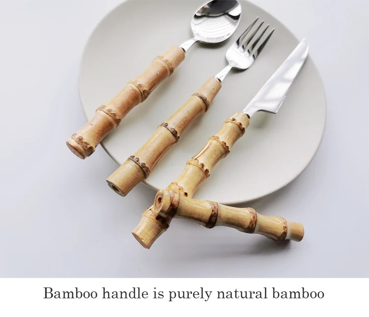 Juego de Cubiertos de 16/24/32 piezas con Mango de Bambú Natural Original, Cuchillería de Acero Inoxidable, Tenedor y Cuchara, Vajilla para Cocina