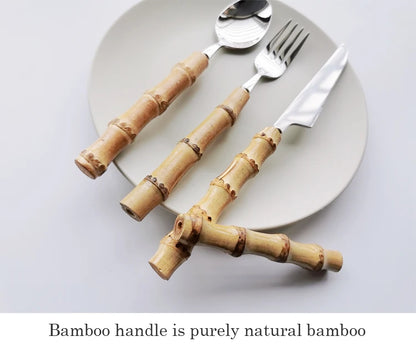 Juego de Cubiertos de 16/24/32 piezas con Mango de Bambú Natural Original, Cuchillería de Acero Inoxidable, Tenedor y Cuchara, Vajilla para Cocina