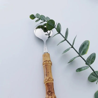 Juego de Cubiertos de 16/24/32 piezas con Mango de Bambú Natural Original, Cuchillería de Acero Inoxidable, Tenedor y Cuchara, Vajilla para Cocina